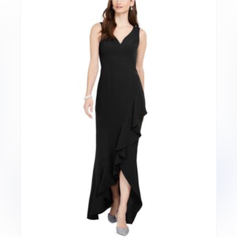 Adrianna Papell Sleeveless Cascading Ruffle Hi-Lo Stretch Gown, Size 16, NWT